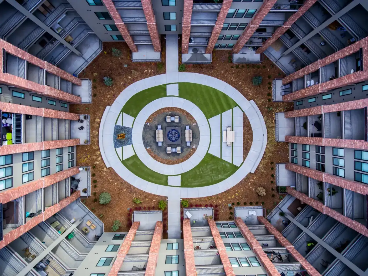 Aerial of the ground-level courtyards within the full development