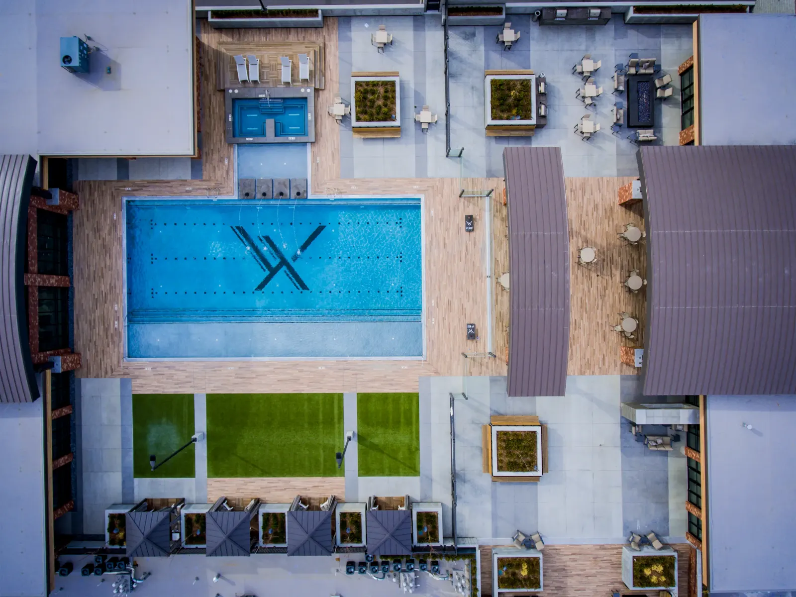 Aerial of the east end of the rooftop deck and skyline