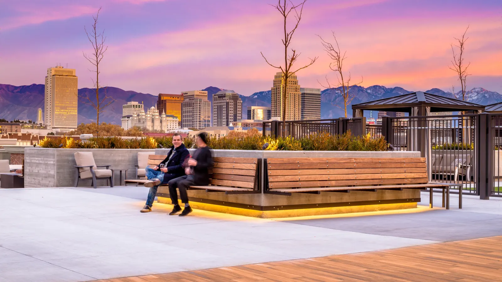 Sky lounge bench vignette with skyline beyond