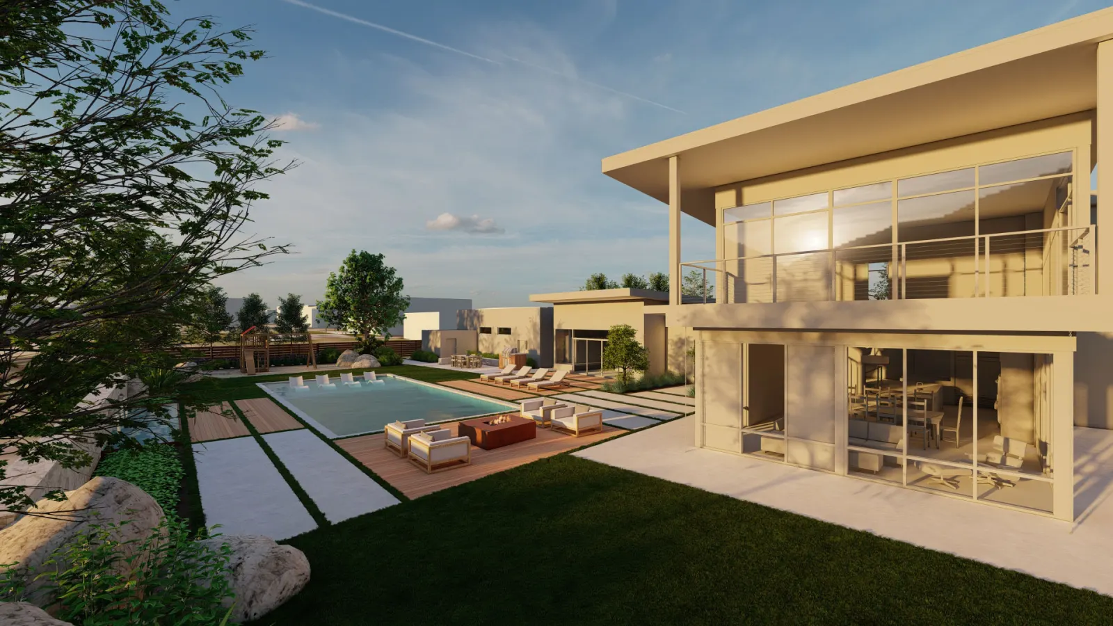 Design render of the Highland Oaks luxury home and grounds (in design)