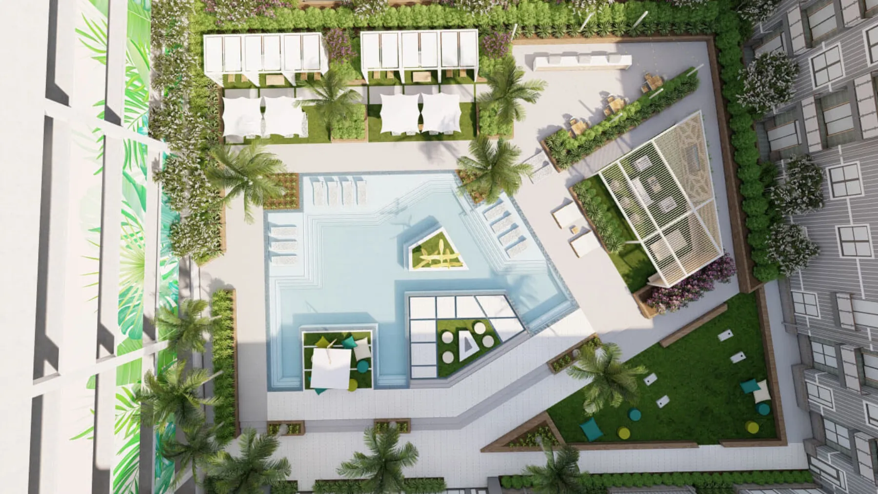 Urban Mixed-Use, pool courtyard bird’s eye view (concept rendering)