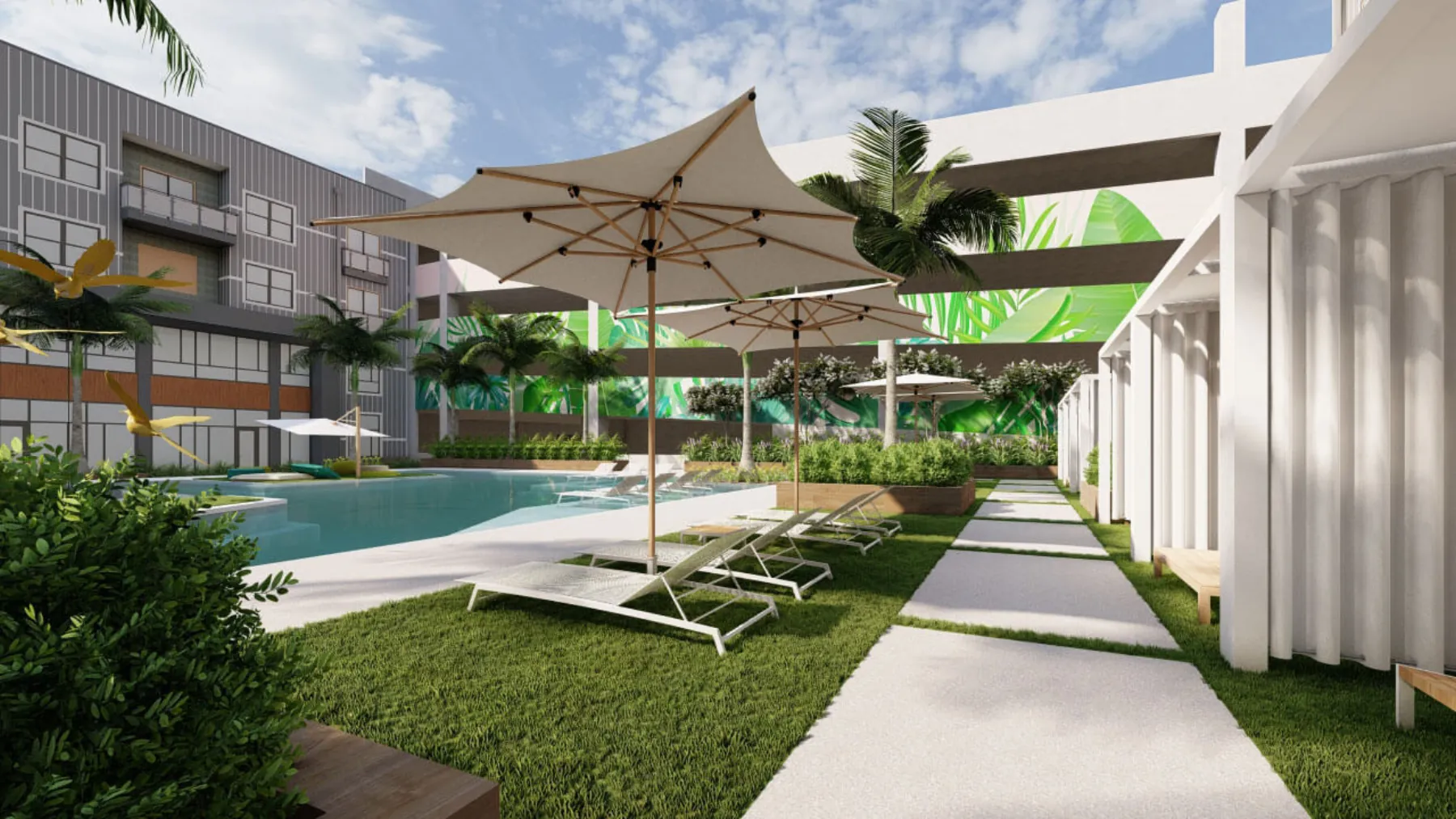 Urban Mixed-Use, pool loungers and cabanas (concept rendering)