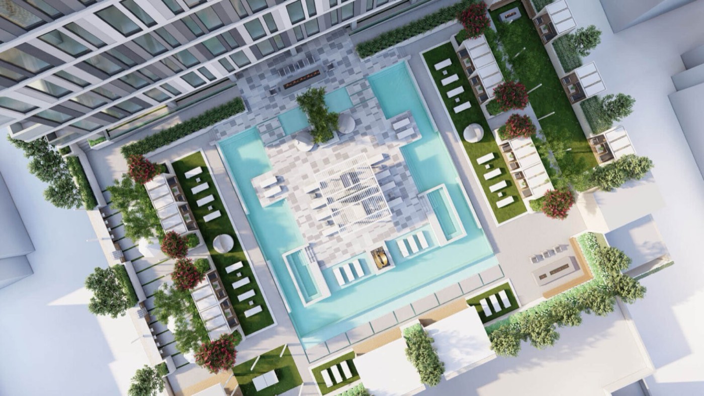Aerial rendering of a high-rise rooftop pool and garden amenity by Loft Six Four