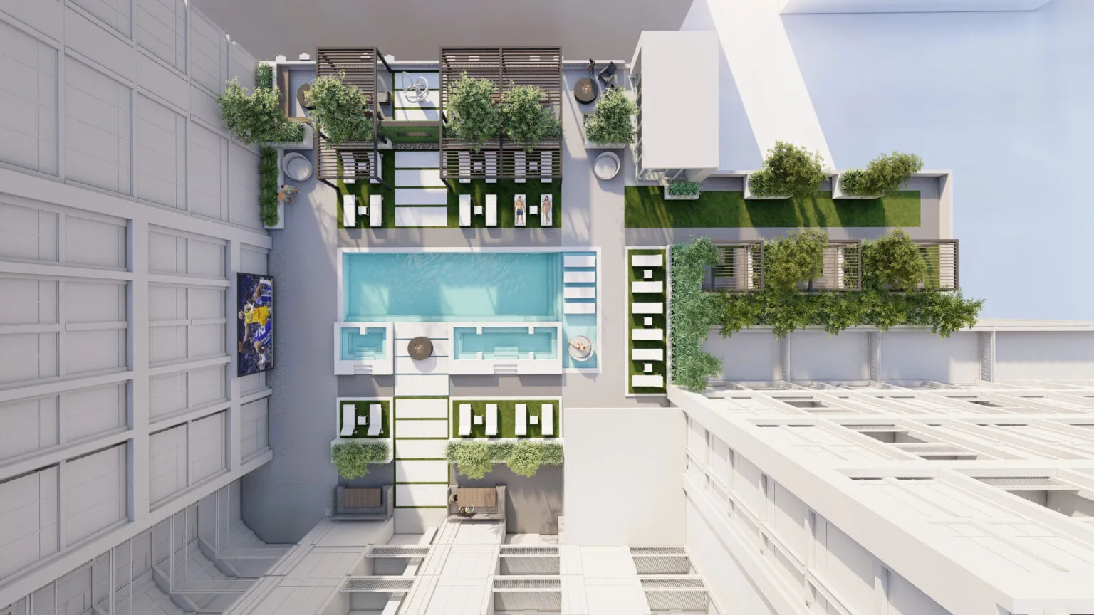 Top-down rendering of a landscaped rooftop pool and lounge amenity