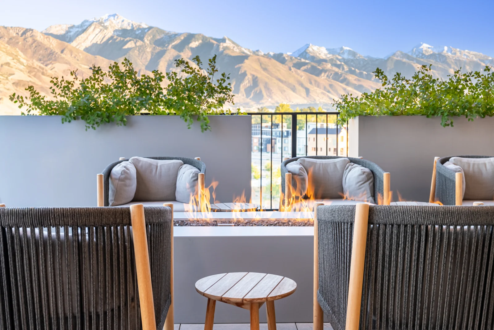 The terrace lounge, mountains in view