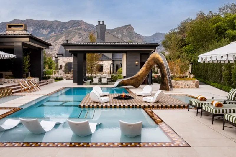 Modern Elm zero-edge pool at twilight, Utah Valley Parade of Homes, Orem, Utah