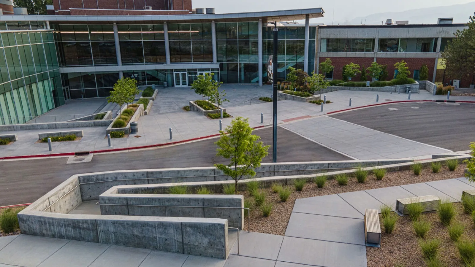 The Noorda Center entry plaza with tiered walls at Utah Valley University