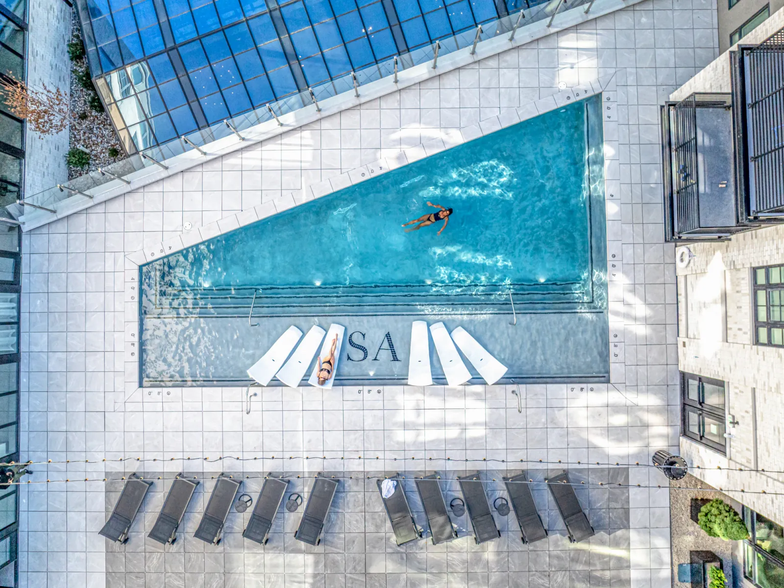 Aerial view of the Sugar Alley pool and surrounding dry amenity spaces