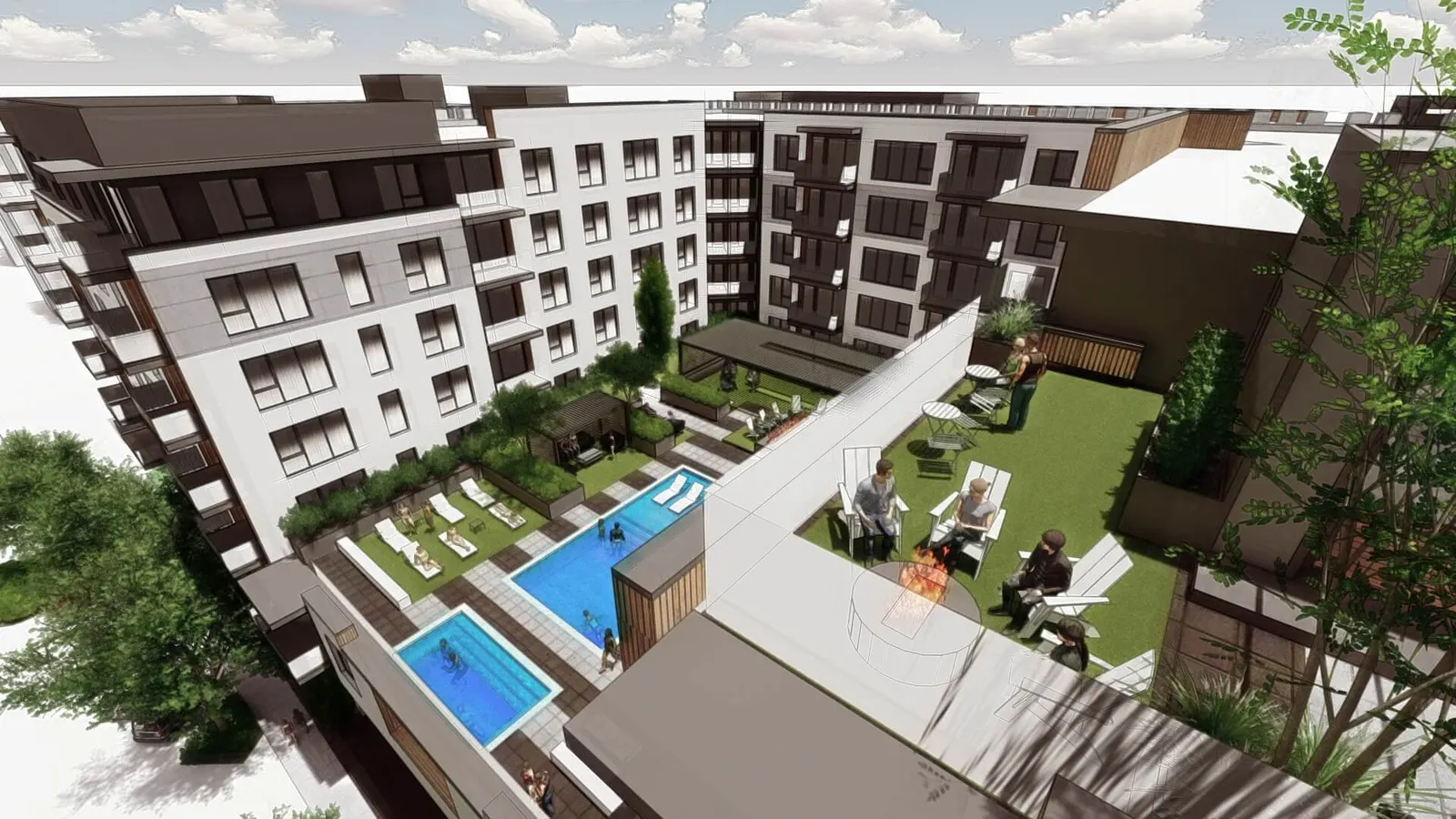 6th + Main, concept rendering of the rooftop and courtyard amenities